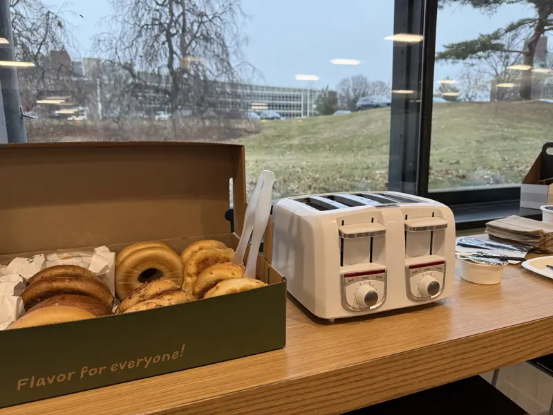 A variety of bagels and toaster